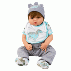 BONECO BABY REBORN V-48 ROUPA CINZA C/DESENHO DINOSSAURO 55CM SILICONE