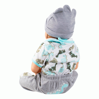 BONECO BABY REBORN V-48 ROUPA CINZA C/DESENHO DINOSSAURO 55CM SILICONE